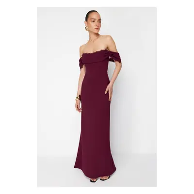 Trendyol X Zeynep Tosun Plum Knitted Carmen Collar Lace Long Evening Dress & Graduation Dress