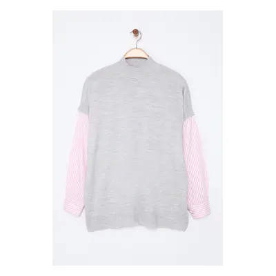 Trendyol Curve Gray Sleeves Pink Striped Woven Mixed Knitwear Sweater