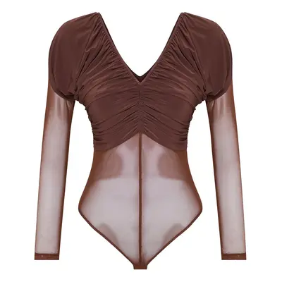 Trendyol Brown V Neck Tulle Knitted Bodysuit