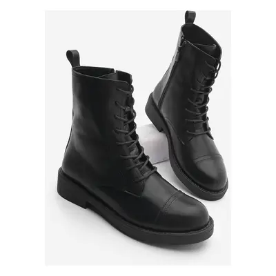 Marjin Women's Lace-Up Side Zipper Casual Combat Boots Sirus Black