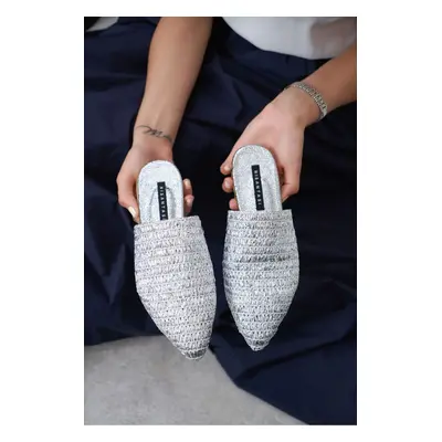 NİŞANTAŞI SHOES Moon Silver Metallic Knitted Detail Flat Sole Women's Slippers