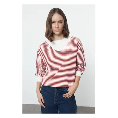 Trendyol Burgundy Color Blocked Striped Oversize/Wide Fit Collar Thick Knitted Sweatshirt