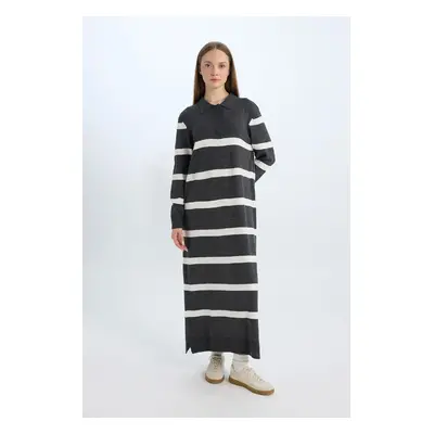 DEFACTO Regular Fit Polo Collar Buttoned Striped Long Sleeve Maxi Dress