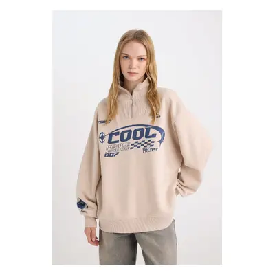 DEFACTO Cool Oversize Wide Fit Half Zipper Printed Thick Sweatshirt