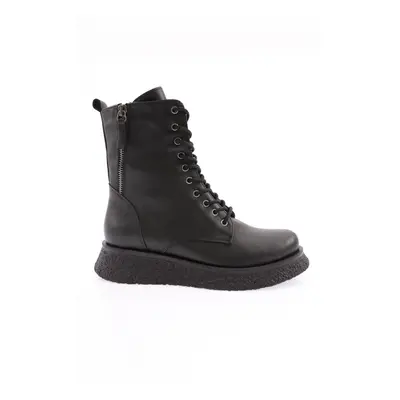 DGN Women's Thick Sole Lace-up Boots Black Genuine Leather