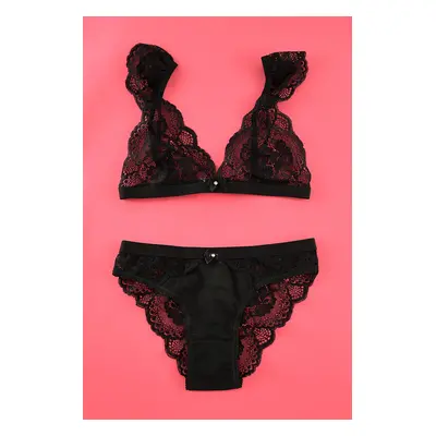 Trendyol Black Lace Ribbon/Bow Uncovered Knitted Lingerie Set