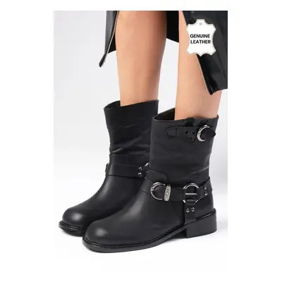 Mio Gusto Lola Genuine Leather Black Color Women's Heelless Biker Boots