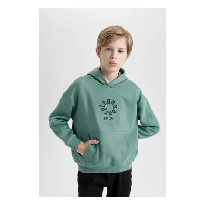 DEFACTO Boy Oversize Wide Pattern Hooded Pocket Thick Sweatshirt