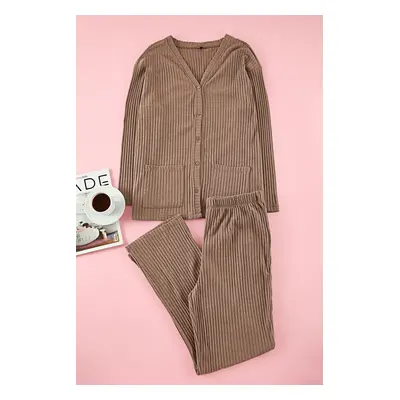 Trendyol Curve Mink V-Neck Buttoned Knitted Pajama Set