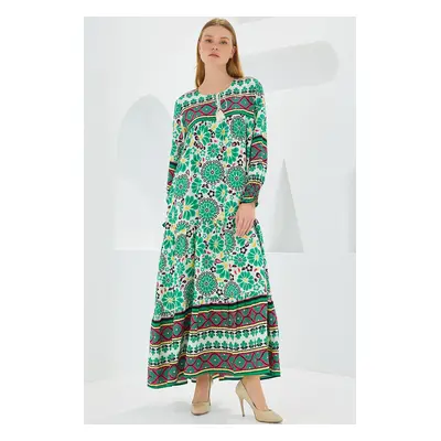 Bigdart Women's Green Red Patterned Long Viscose Dress