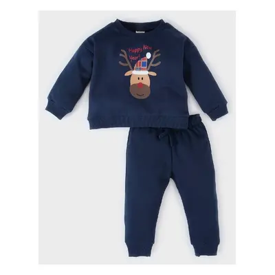 DEFACTO Baby Boy Christmas Themed 2-Piece Set Crew Neck Sweatshirt Elastic Waist Tracksuit Botto