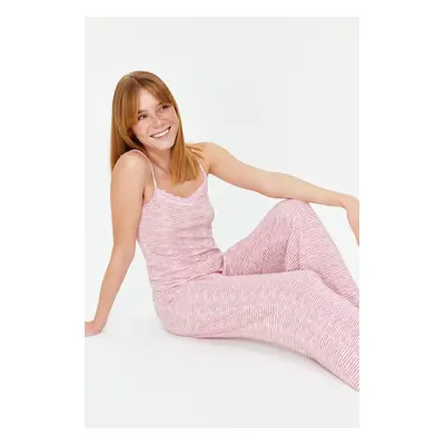 Trendyol Powder Cotton Striped Lace Detailed Rope Strap Knitted Pajama Set