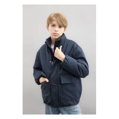 DEFACTO Boy's Water Repellent Stand Collar Zippered Snap Closure Pocket Coat