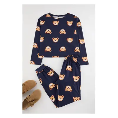 Trendyol Navy Blue 100% Cotton Teddy Bear Patterned Knitted Pajama Set