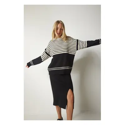 Happiness İstanbul Women's Black Striped Sweater Skirt Knitwear Suit