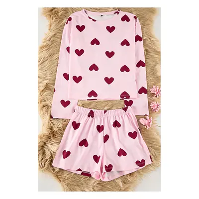 Trendyol Pink 100% Cotton Heart and Slogan Knitted Pajama Set