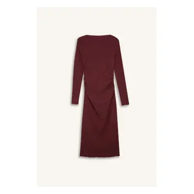 DEFACTO Bodycon Bodycon Half Turtleneck Basic Plain Crepe Long Sleeve Midi Burgundy Dress