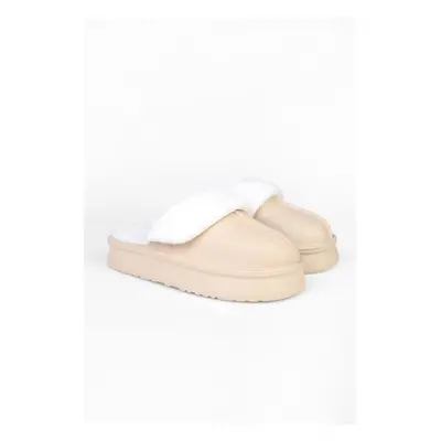 Shoeberry Women's Fluff Beige Faux Leather Matte Für Inside Flat Sole House Slippers