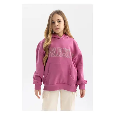 DEFACTO Girl Oversize Wide Pattern Hooded Printed Soft Fluffy Thick Sweatshirt