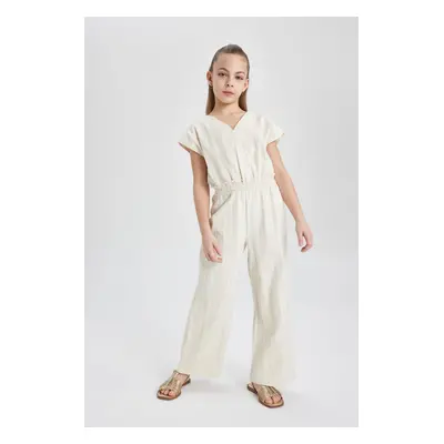 DEFACTO Girl's V-Neck Short Sleeve Cotton Long Jumpsuit