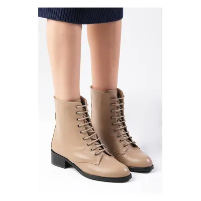 Mio Gusto Lori Mink Color Thin Fur Lined Lace Up Women's Short Heeled Boots