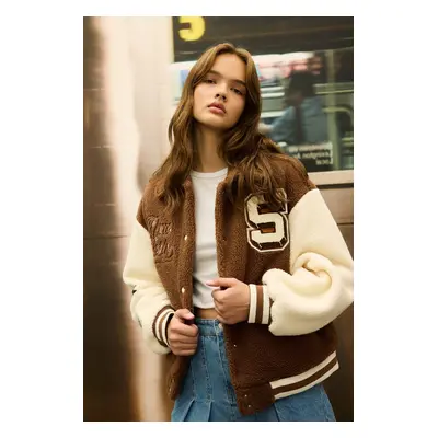 DEFACTO Cool Oversize Wide Pattern Plush Bomber Jacket Polo Collar Embroidered Snap Pocket