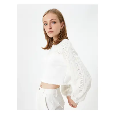 Koton Crop Sweater Openwork Balloon Sleeve Crew Neck