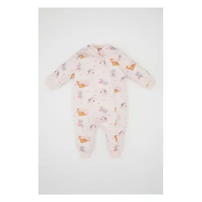 DEFACTO Baby Girl Newborn Pink Zippered Dinosaur Printed Cotton Long Sleeve Jumpsuit