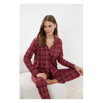 Trendyol Claret Red 100% Cotton Plaid Knitted Pajama Set