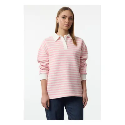 Trendyol Pink Striped Polo Neck Thick Polar Fleece Oversize Knitted Sweatshirt