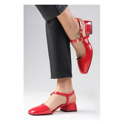 Mio Gusto Thea Red Color Patent Leather Open Back Side Buckle Women's Flat Toe Short Heeled Shoe