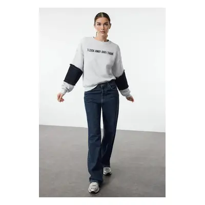 Trendyol Gray Slogan Printed Denim Garnish Relaxed/Comfortable Pattern Knitted Sweatshirt