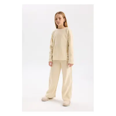 DEFACTO Girls Pajama Set Fleece Crew Neck Long Sleeve Basic Plain Top Long Bottom