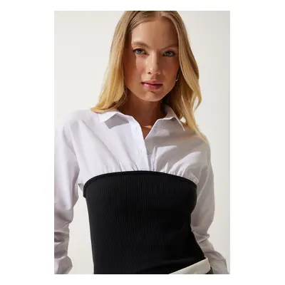 Happiness İstanbul Women's White Black Polo Collar Color Block Shirt Blouse