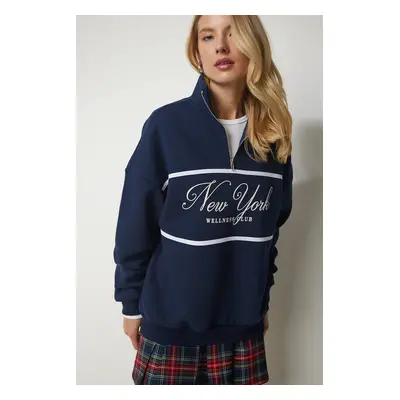 Happiness İstanbul Women's Navy Blue Zipper Collar Printed Raised Sweatshirt