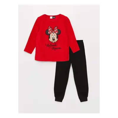 LC Waikiki Crew Neck Minnie Mouse Printed Long Sleeve Girls Kids Fleece Pajamas Set