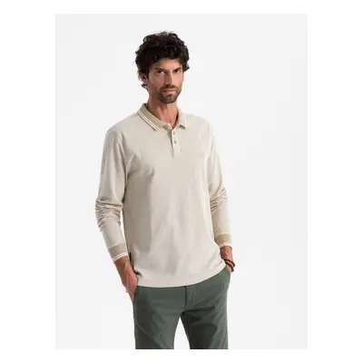 Ombre Men's melange polo longsleeve with embroidery - sand melange