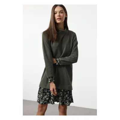 Trendyol Emerald Green Floral Printed Mini Thessaloniki Stand Collar Knitted Dress