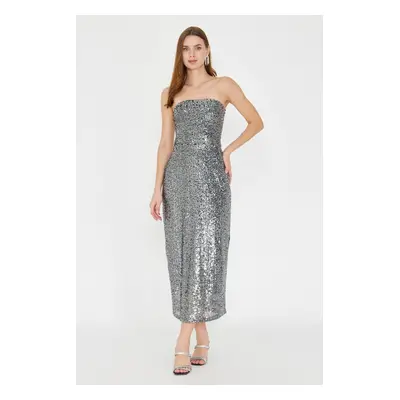 Trendyol Silver Bodycon Strapless Sequin Elegant Evening Dress