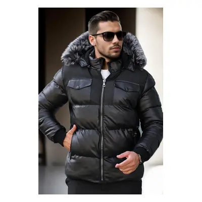 25274 Dewberry Detachable Hooded Mens PU Coat-BLACK