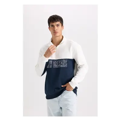 DEFACTO Relax Fit Stand Collar Half Zip Printed Thick Sweatshirt