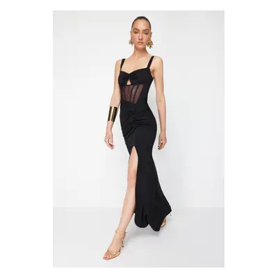 Trendyol X Zeynep Tosun Black Cut Out Detailed Knitted Long Evening Dress & Graduation Dress