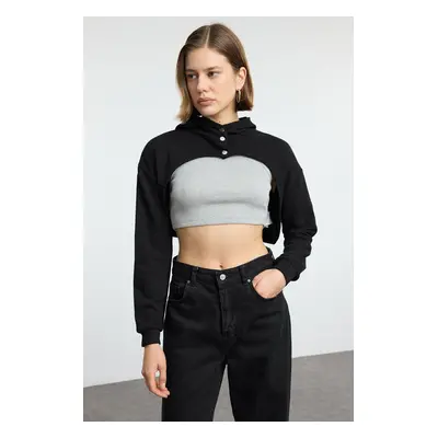 Trendyol Black Crop Snap Hooded Knitted Sweatshirt