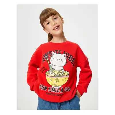 Koton Cat Printed Sweat Crew Neck Long Sleeve Raised