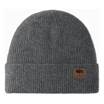 Ombre Men's knitted beanie cap with patch - grey melange