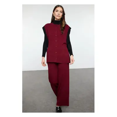 Trendyol Claret Red Color Block Slit Detailed Vest-Pants Knitwear Bottom-Top Set