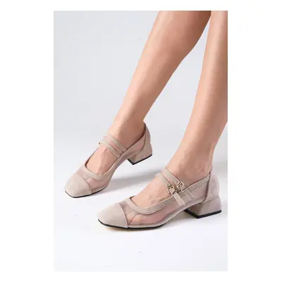 Mio Gusto Isabel Beige Color Suede Blunt Toe Mesh Detailed Women's Short Heeled Shoes