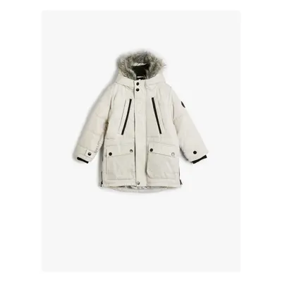 Koton Furry Hooded Coat with Flap Pockets Zipper Detailed Wind Protection