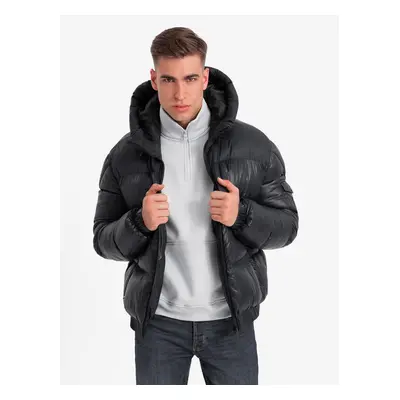 Ombre Men's warm puffer jacket with welts - black