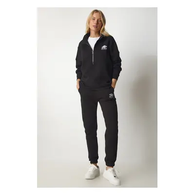 Happiness İstanbul Women's Black Zippered Collar and Rack Knitted Knitted Tracksuit Set